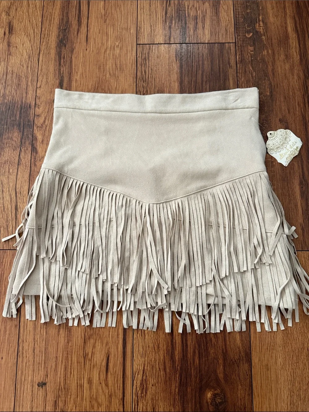 Altar'd State Light Beige Faux-Suede Fringe Mini Skirt